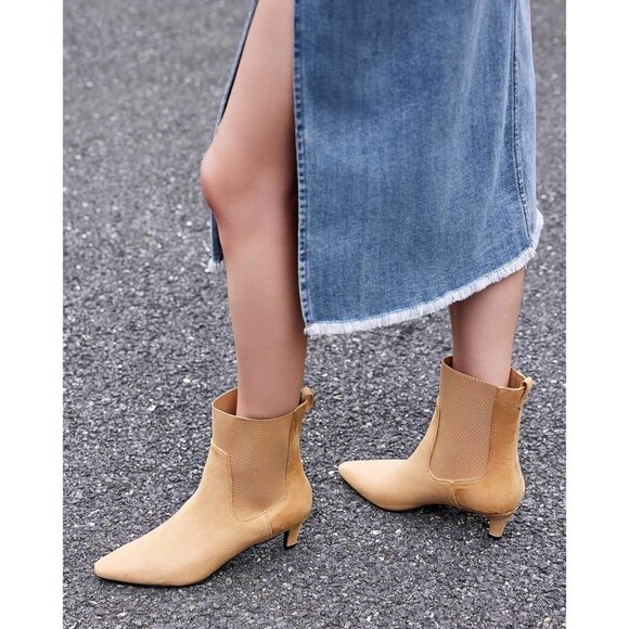 Women's Khaki Ankle Low Kitten Heel Pointed Toe Slip On Dressy Winter Boots - Picture 2 of 6